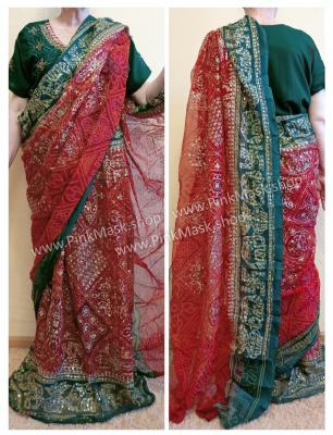 Женский индийский костюм. Сари красно-зелёное